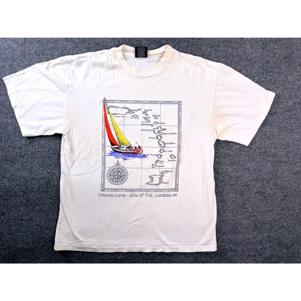 Vintage Role Blue Caribbean Map Graphic Tee Shirt Larg White Cotton Barbados 90s